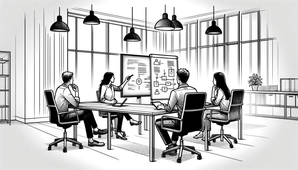 DALL·E 2024 01 18 14.32.06 A simple and light black and white line drawing in the same style as the previous images depicting a more intimate facilitated group discussion in an
